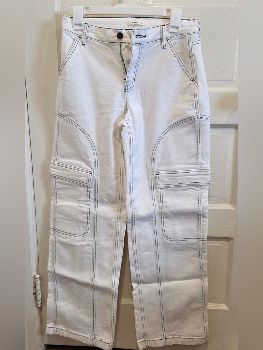 Womens PacSun White Straight Cargo Jeans with Contrast Stitching
